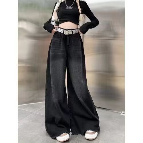 黒とグレーのハイウエストデニムスカートパンツ、女性用、春秋新作、ゆったり、万能、着痩せ効果、ドレープ感のあるワイドレッグ、フロアレングスパンツ|undefined