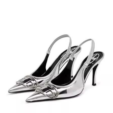 2025 spring new socialite high heels silver pointed stiletto heel metal buckle back empty black shoes women's work shoes