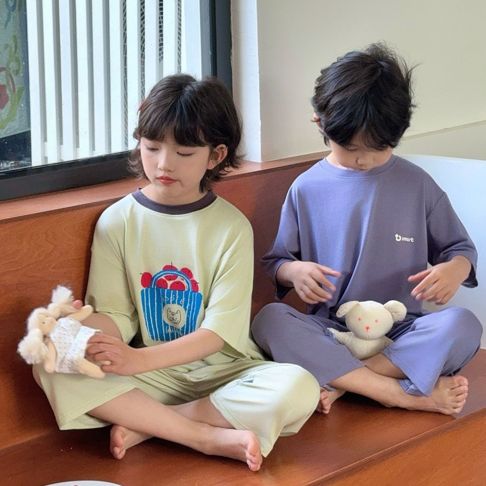 Pijamas para niños, pantalones cortos para niños y niñas delgados de verano, seda de hielo, aire acondicionado para padres e hijos, ropa para el hogar, trajes para niños grandes