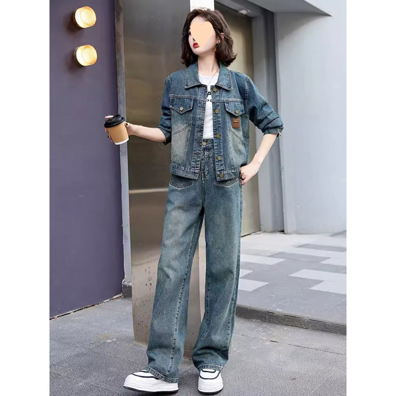 时尚减龄牛仔套装女2025春秋季新款洋气气质显瘦阔腿裤长袖两件套|undefined