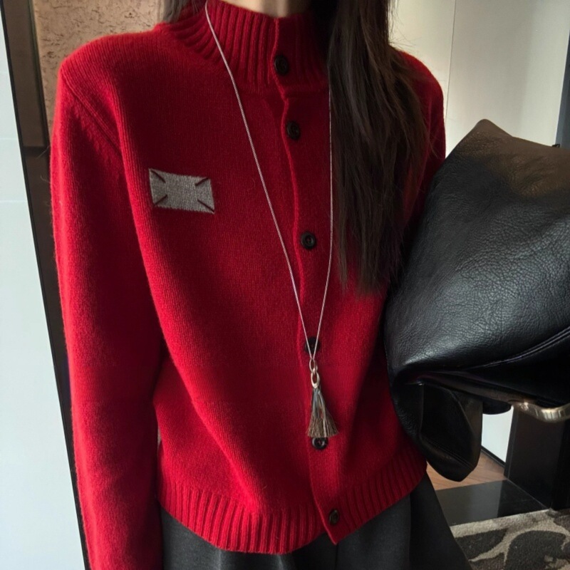 Old Money style 100% pure wool jacquard gray turtleneck cardigan for women, loose fit, slimming effect, embroidered knit sweater jacket