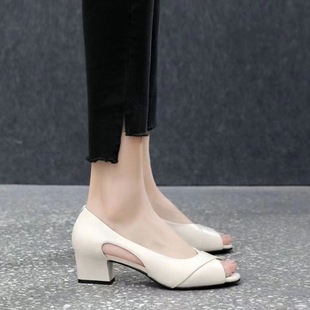 Green Companion Real Soft Leather Sandals Women's Summer Outerwear New Soft Sole Shoes Fish Mouth Hollow Heels Thick Heels Women
