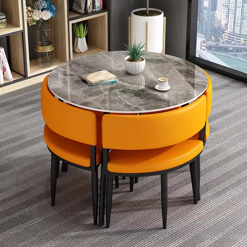 이탈리안 슬레이트 80cm 원형 테이블 - 오렌지색 테이블과 의자 4개