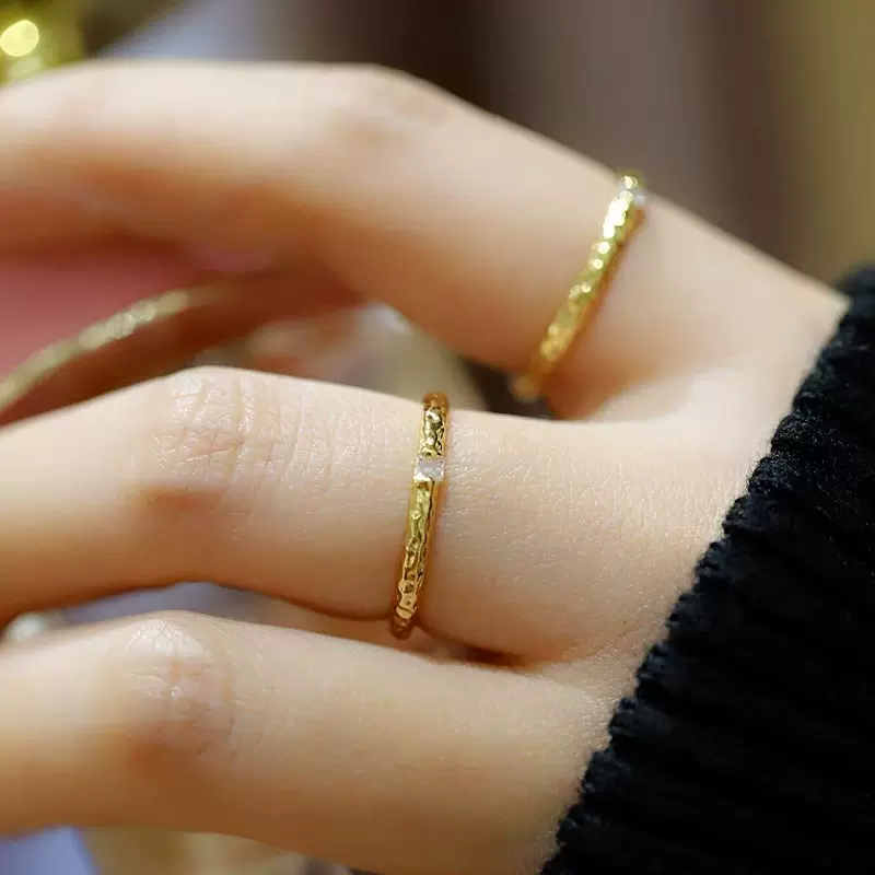 日韩ins风简约复古凹凸捶打纹理戒指微镶锆石镀金精致气质细指环