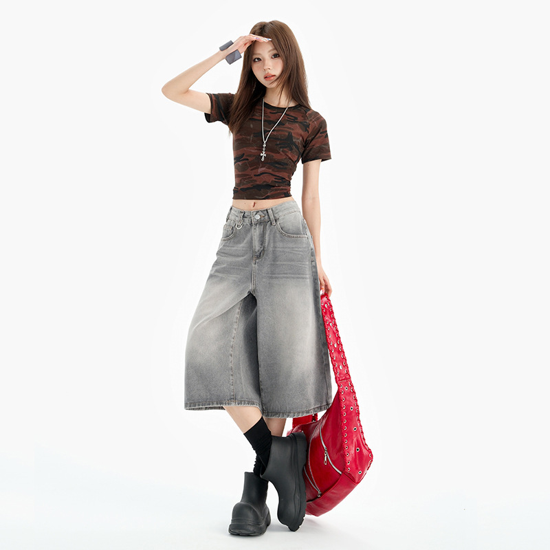 American Retro High Street Summer Cropped Jeans for Women 2025 New Loose Wide-Leg Versatile Fashion Trendy Mid-Length Pants
