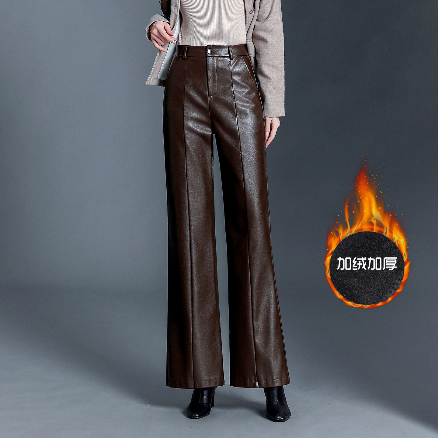 Thickened Fleece-Lined Flared Leather Pants for Women 2025 Autumn and Winter New Slim High-Waisted Casual Bell-Bottom Pu Leather Long Pants Winter