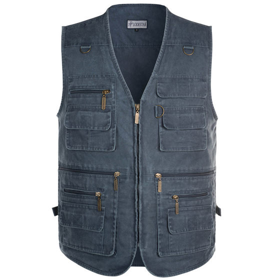 Foreign trade middle-aged and elderly men's denim vest 16 pocket extra large size cotton vest 4 feet waist vest 7X P08