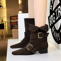 9625-1 Retro Western style boots with square toe belt buckle, mid heel, thick heel, suede sole, fashion short boots, mid leg women's boots