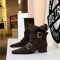 9625-1 Retro Western style boots with square toe belt buckle, mid heel, thick heel, suede sole, fashion short boots, mid leg women's boots