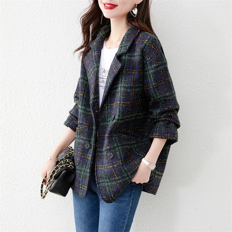 2026 Autumn New Korean Style High-End Plaid Woolen Coat for Petite Women, British Style Woolen Overcoat