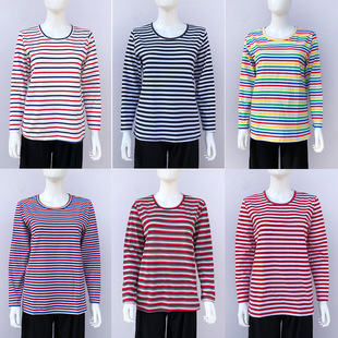 Middle-aged and Elderly Women's Spring Long-sleeved T-shirt Mother's Striped Cotton Top Loose plus size Elder's Thin Base Shirt
