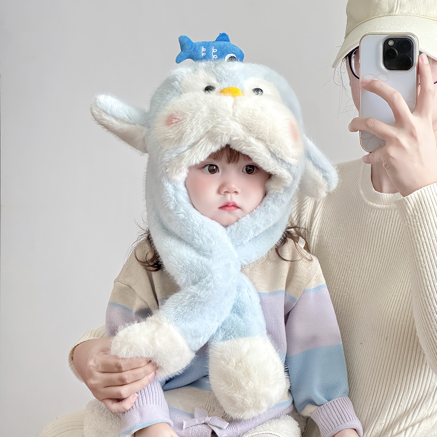 Sombrero y bufandas para niños, un conjunto de dos piezas de orejas para bebés de otoño y invierno, sombrero de peluche caliente y grueso. image 1