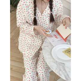 韩国ins女士外贸睡衣碎花甜美长袖两件套秋冬磨毛绒布家居服套装