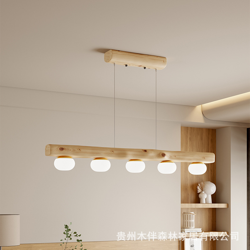 Solid Wood Chandelier Nordic Natural Wood Cream Style Acrylic Lampshade Long Strip Dining Room Bar Lighting Three-Color Dimmable