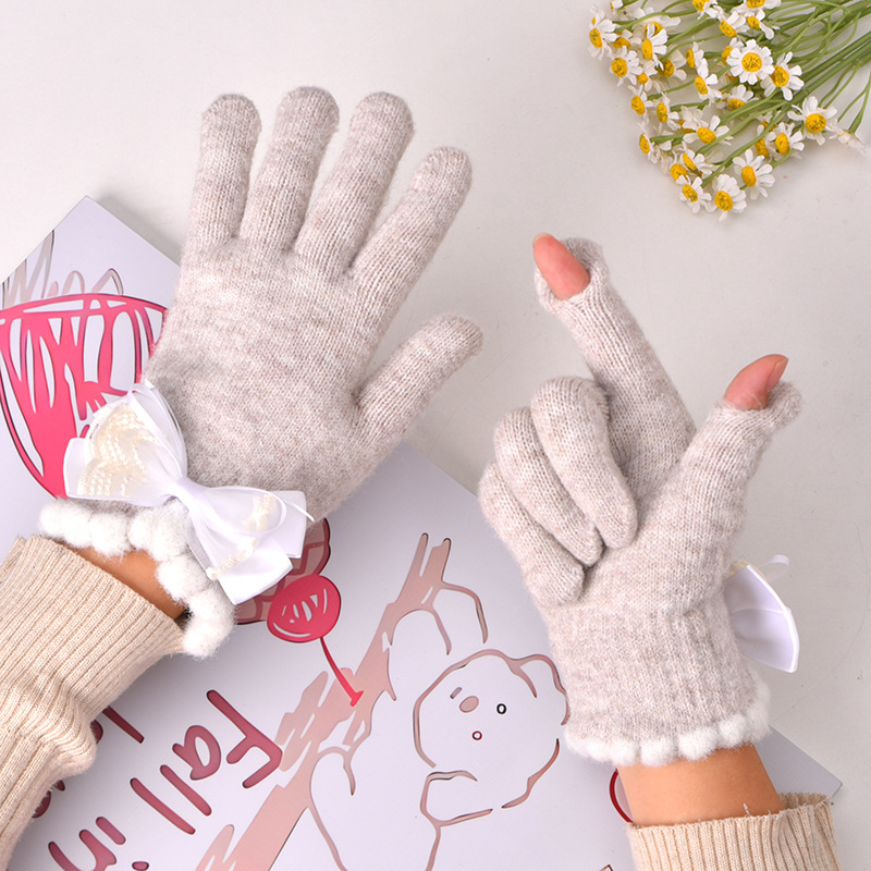 Cute Bow Knitted Gloves for Women 2025 New Autumn and Winter Touch Screen Student Cycling Warm and Cold Five Fingers Cute Bow Knitted Gloves for Women 2025 New Autumn and Winter Touch Screen Student Cycling Warm and Cold Five Fingers