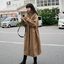 工装风衣外套女2025秋新款收腰连帽原宿风学生宽松日系长款大衣
