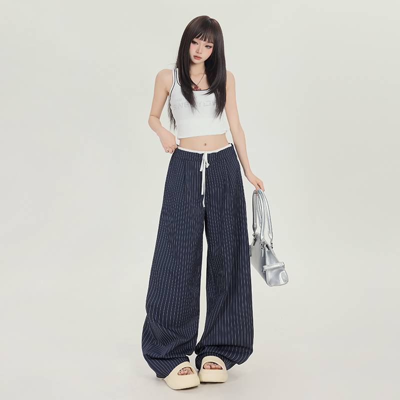 卸売ストライプ巾着弾性ウエストデザインレースカジュアルパンツ女性通勤多用途ハイエンドルーズワイドレッグパンツ女性|undefined