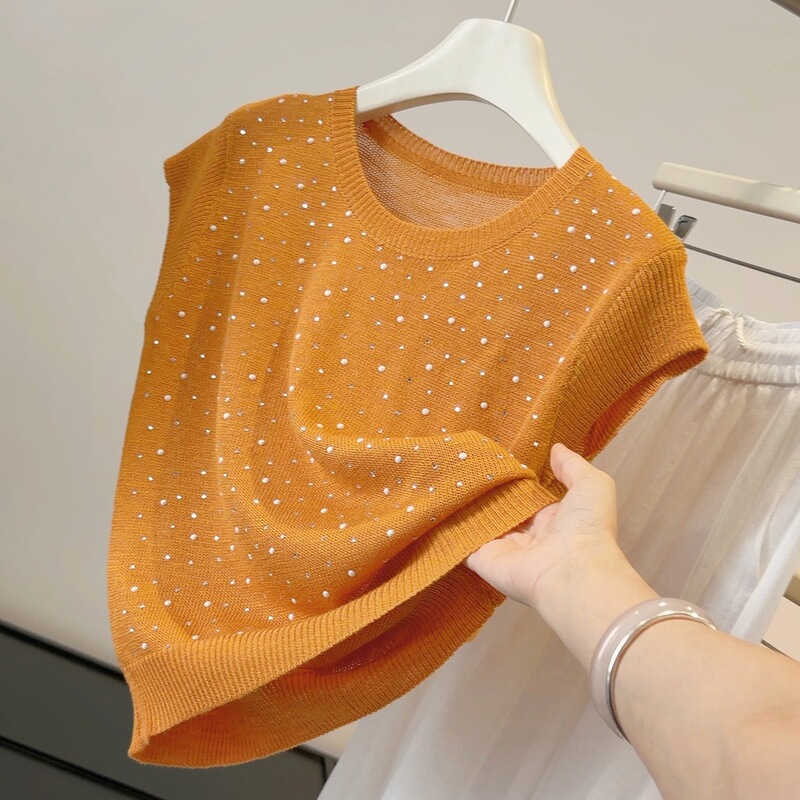 Fashionable Rhinestone Round Neck Short-Sleeve Knit Top for Women, Summer New Design, Unique Style, Slim Fit, Stylish Top Fashionable Rhinestone Round Neck Short-Sleeve Knit Top for Women, Summer New Design, Unique Style, Slim Fit, Stylish Top