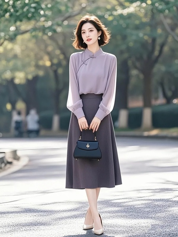 小个子新中式国风衬衫两件套女装开春紫色盘扣系穿搭气质套装裙子|undefined