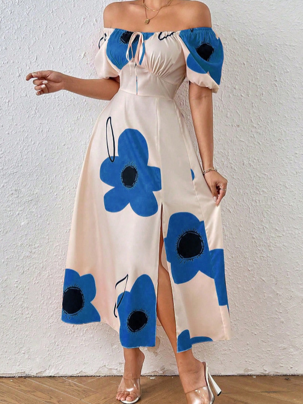 2025 Fashion New Cross-Border Foreign Trade Spring and Summer Popular Commuter Printed One-Shoulder Short-Sleeved Dress