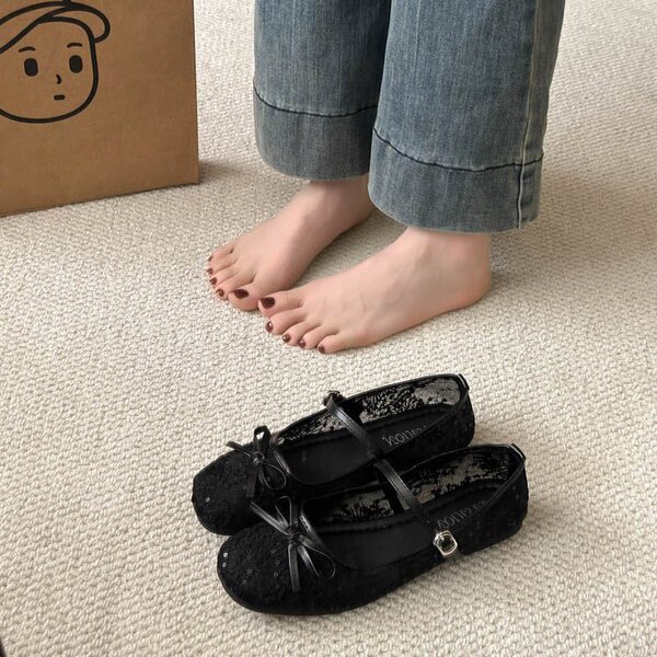 软底不累脚网纱平底鞋女2025新款绣花蝴蝶结单鞋性感镂空玛丽珍鞋