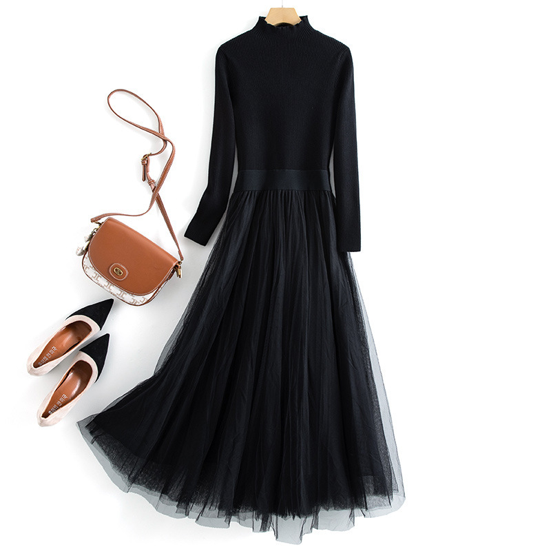 针织拼接网纱连衣裙女2024年秋冬新款过膝半高领纯色打底裙7148