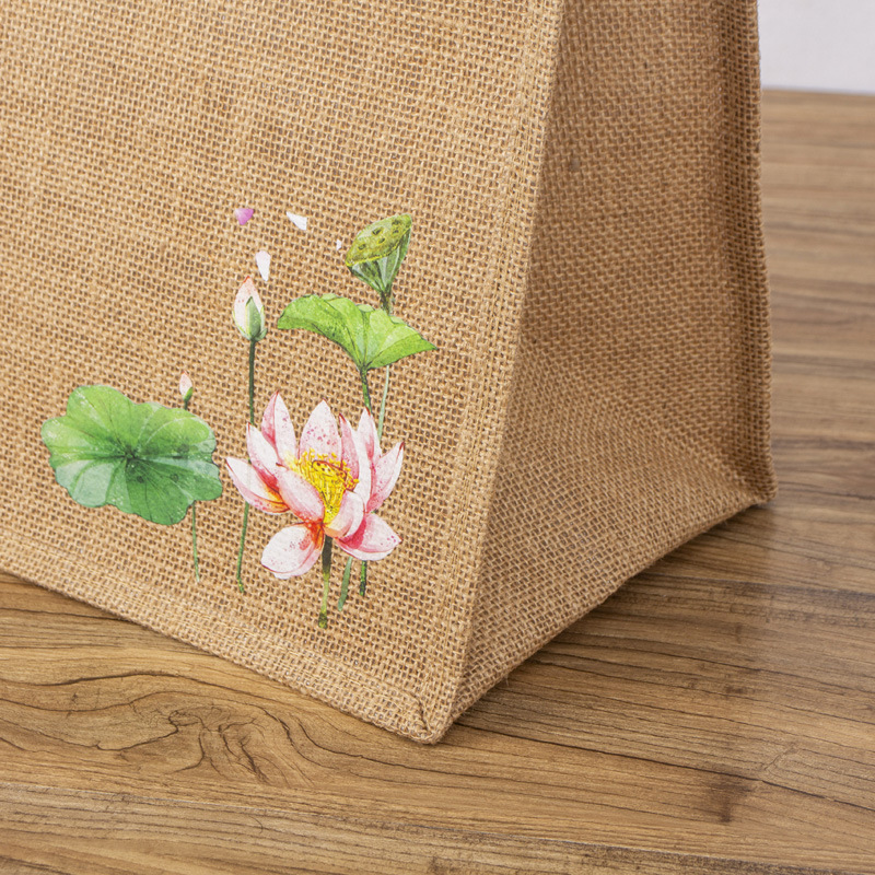 Bolsa de lino portátil en stock de yute cubierto de película de transporte de gran capacidad bolsa de lino personalizada bolsa de regalo de vacaciones