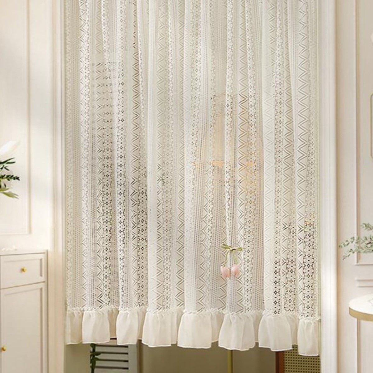 New No-Punch Door Curtain with Magic Tape, Half Curtain, French-Style White Lace Floating Curtain, Partition Rod Curtain, Bedroom Sheer Curtain