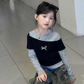 女童装长袖T恤儿童假两件新款韩版春秋装女童上衣中大童打底时尚