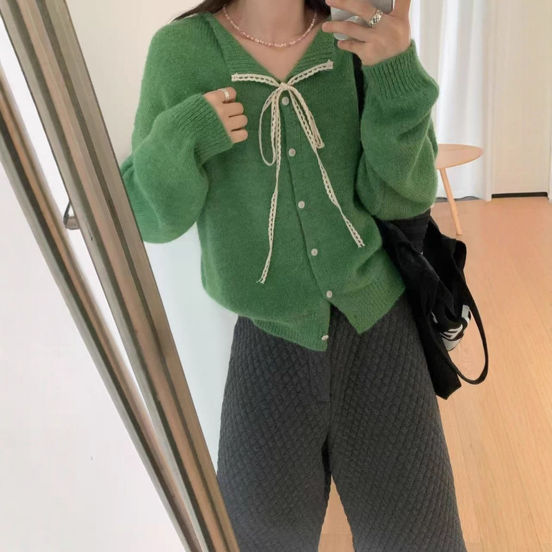 韩系系带蕾丝翻领毛衣小外套女秋冬新款纯色百搭软糯针织开衫|undefined