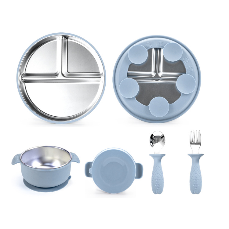 회색빛 블루 4종 세트 - 스테인리스 스틸 접시 (실리콘 커버 포함) + 스테인리스 스틸 실리콘 볼 + 스테인리스 스틸 포크/스푼