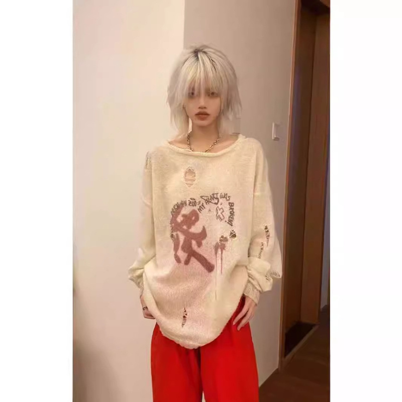 Subculture Punk Harajuku Women's Ripped Graffiti Knitwear Loose Long-sleeved Sweater Thin Cover Clothing Sun-protective Clothing Spring and Autumn