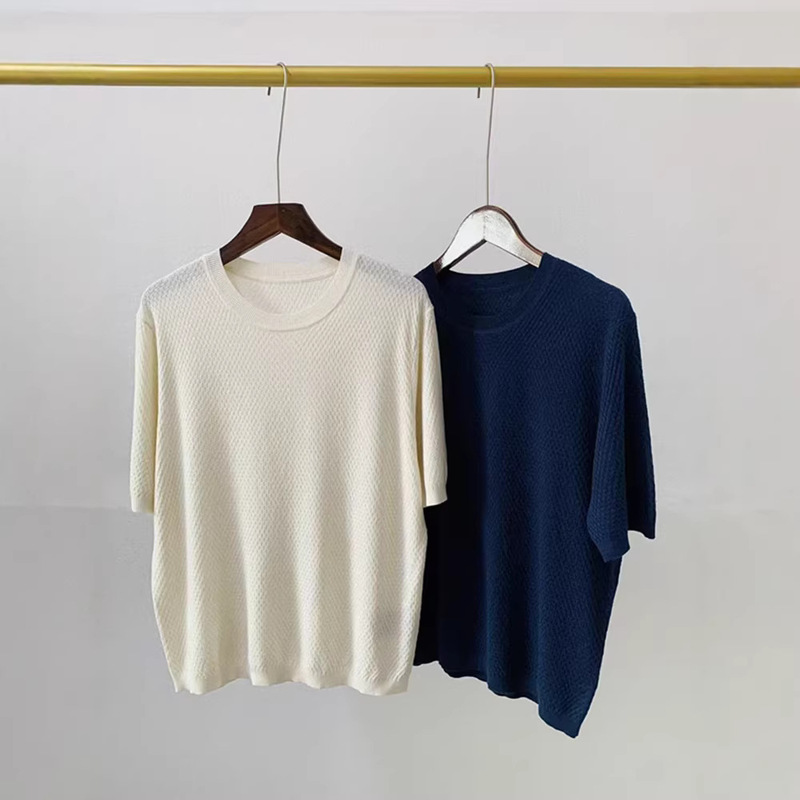 Basic Silk Knit Sweater with Waffle Jacquard Pattern, Round Neck Pullover, Spring/Summer Short Sleeve Women's Style, Th Silk-Cotton Short Sleeve Basic Silk Knit Sweater with Waffle Jacquard Pattern, Round Neck Pullover, Spring/Summer Short Sleeve Women's Style, Th Silk-Cotton Short Sleeve