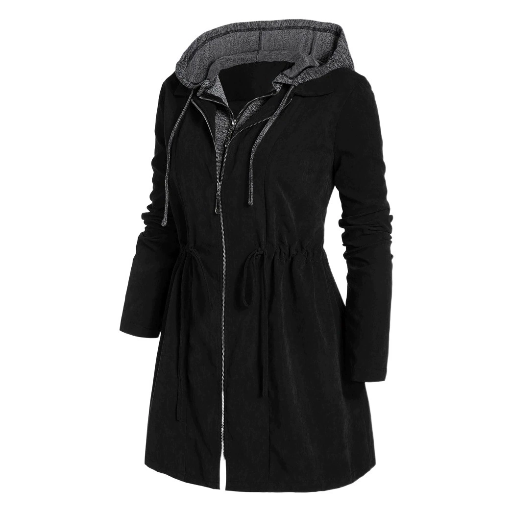 Amazon AliExpress длинная женская осенняя и зимняя куртка двухрядная молния поддельные две части с капюшоном большой размер ветровой одежды женский