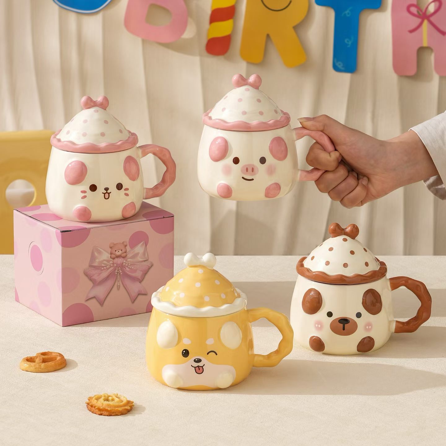 Creativo, encantador, personalidad, cariñosa y divertida, taza de animales de dibujos animados en relieve con tapa de cerámica, taza de agua de alto valor, taza transfronteriza