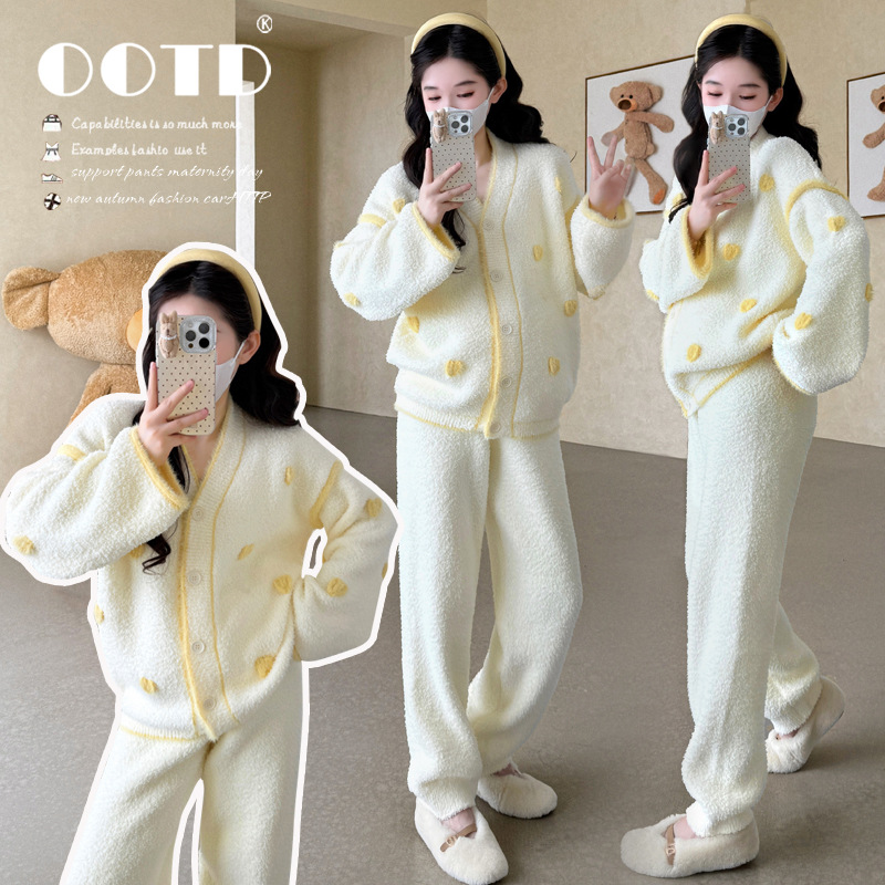 现货2025秋冬孕妇套装韩版爱心半边绒可外穿加厚家居服孕妇套装