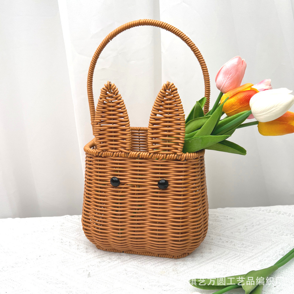 Cesta de Flores con Diseño de Conejo de Imitación Ratán de Plástico para Arreglos Florales