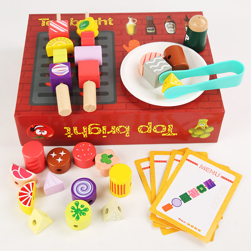 Children and Girls Play Home Simulation BBQ Barbecue Baby Educational Kitchen Kitchenware Wooden Barbecue Oven Toy Parent-Child