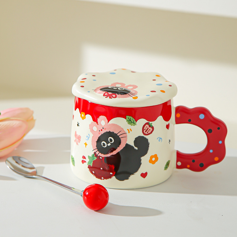 Con cubierta encantador conjunto de dibujos animados gato negro tazas de alto valor pareja tazas de cerámica tazas de agua marca regalo acompañante