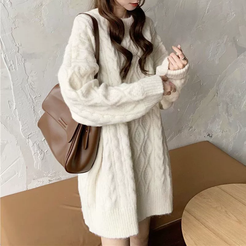 Свитер средней и длинной одежды женская свободная одежда осенью и зимой 2024 новый ленивый стиль ретро портовый стиль пут-свитер платье