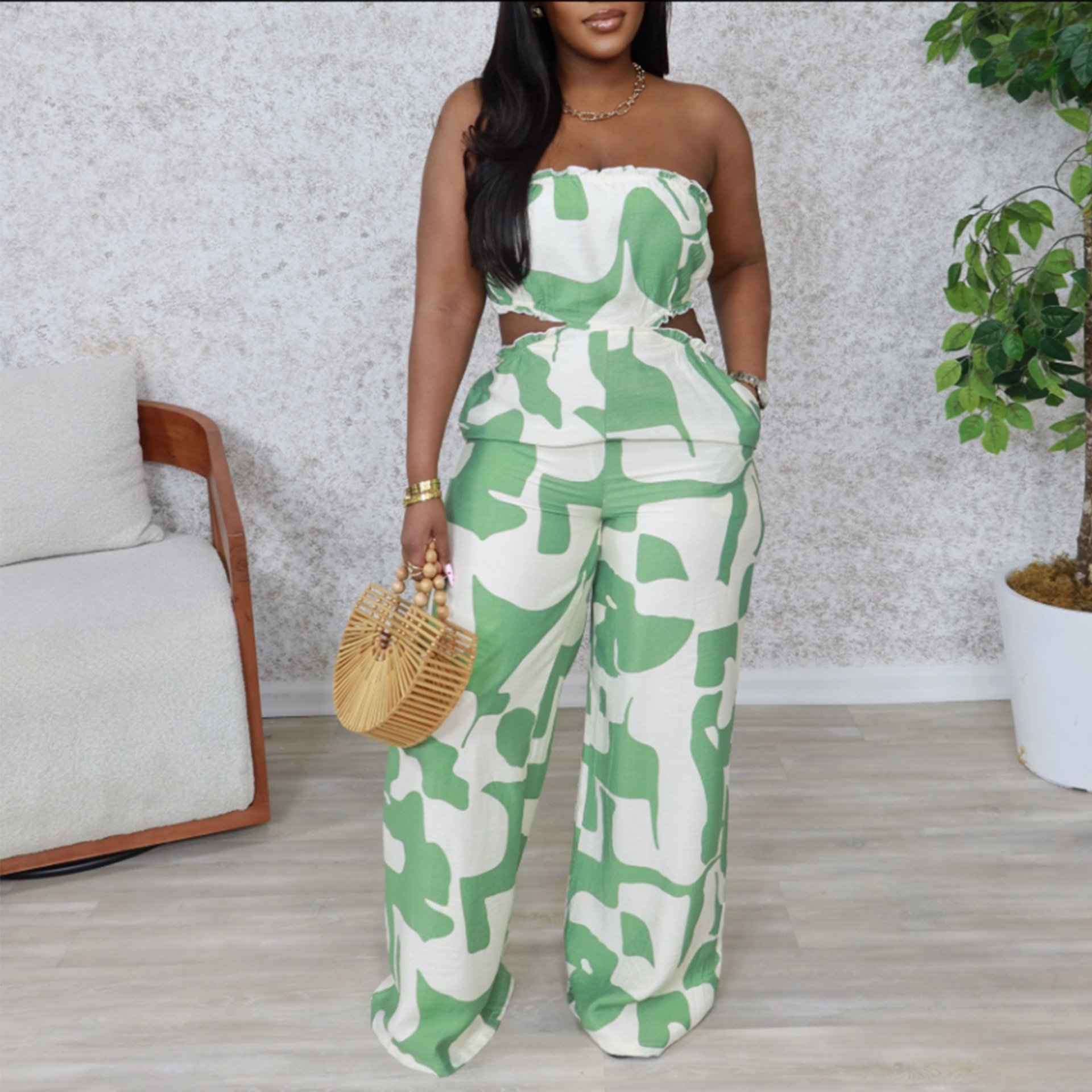 Elegant Strapless Printed Jumpsuit For Women Wide Leg Bottoms Casual Summer Polyester Thin Comfortable_ecoleips.com