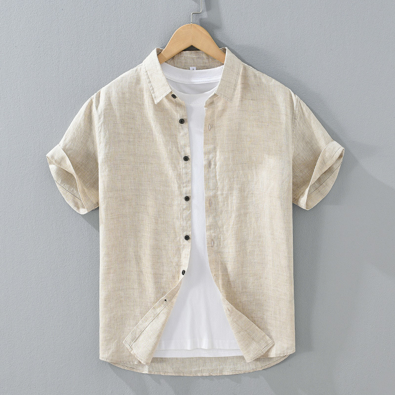 1252 Summer Color Spinning Linen Short-sleeved Shirt Men's Loose Breathable Solid Color High-end Shirt Vintage Square Collar Top