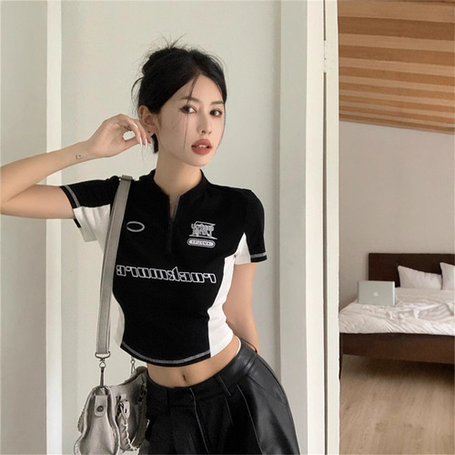 American Style Spicy Girl Functional Style Striped Contrast Print Embroidered Retro Crew Neck Slimming Braless Zipper Top for Women