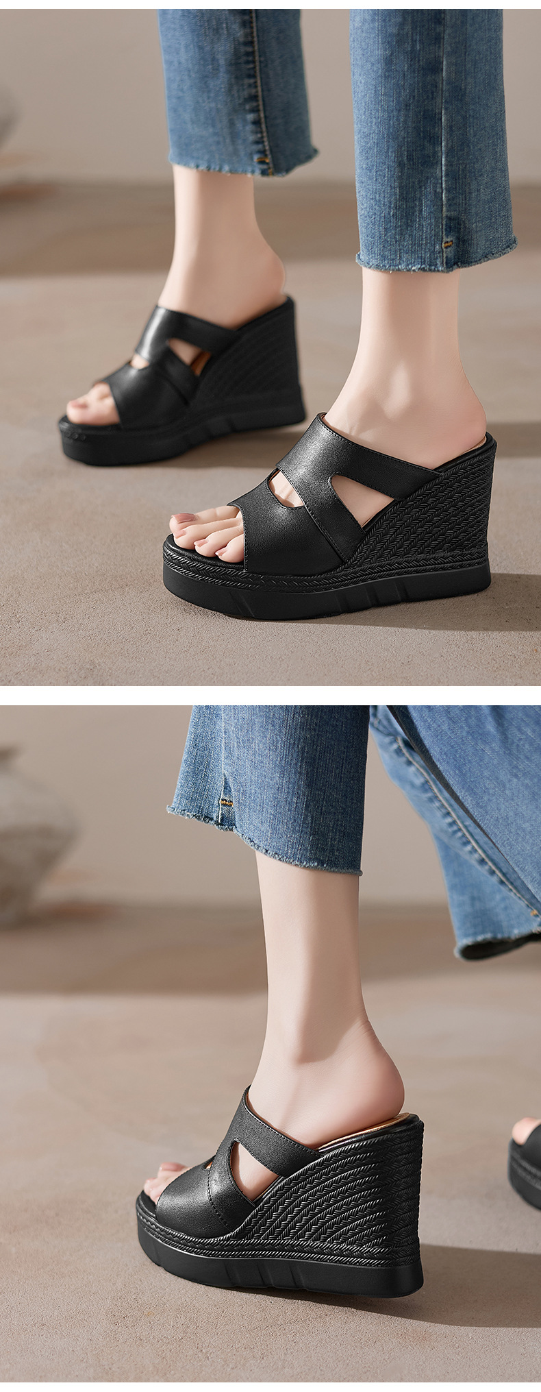 Sandal cao gót nữ hở mũi đế xuồng dày 10 cm — đen chi tiết 5