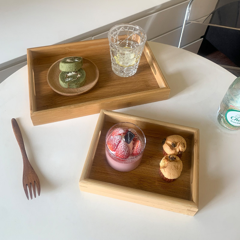 Ins風竹木トレー長方形家庭用食事皿実木茶器水杯日本式スナックケーキ木製トレー|undefined
