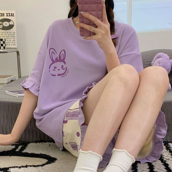 100% Korean Style Pajamas for Women, Summer Short-Sleeved Shorts, Cute Korean Cartoon Style, Can Be Worn Outside, Home Wear Women's Set 100% Korean Style Pajamas for Women, Summer Short-Sleeved Shorts, Cute Korean Cartoon Style, Can Be Worn Outside, Home Wear Women's Set