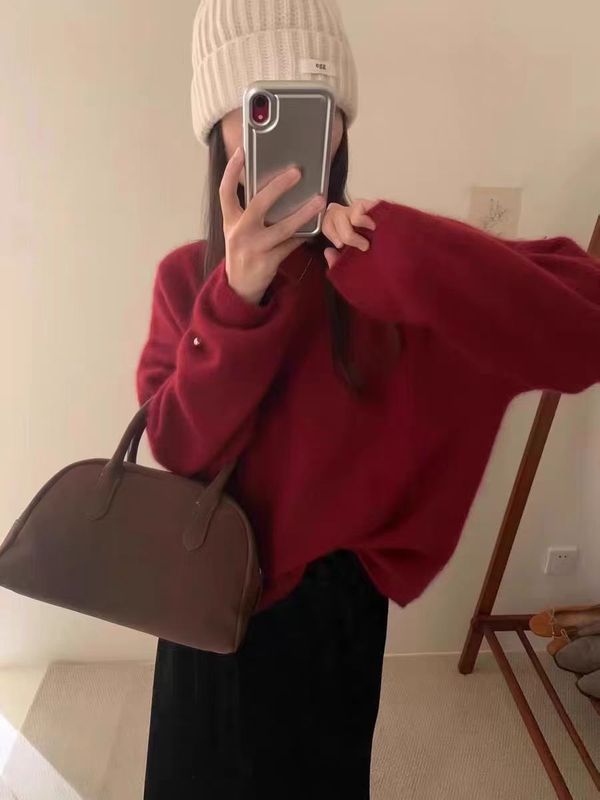 2025新款女式100%纯羊毛衫圆领长袖套头毛衣宽松慵懒范针织衫打底|undefined