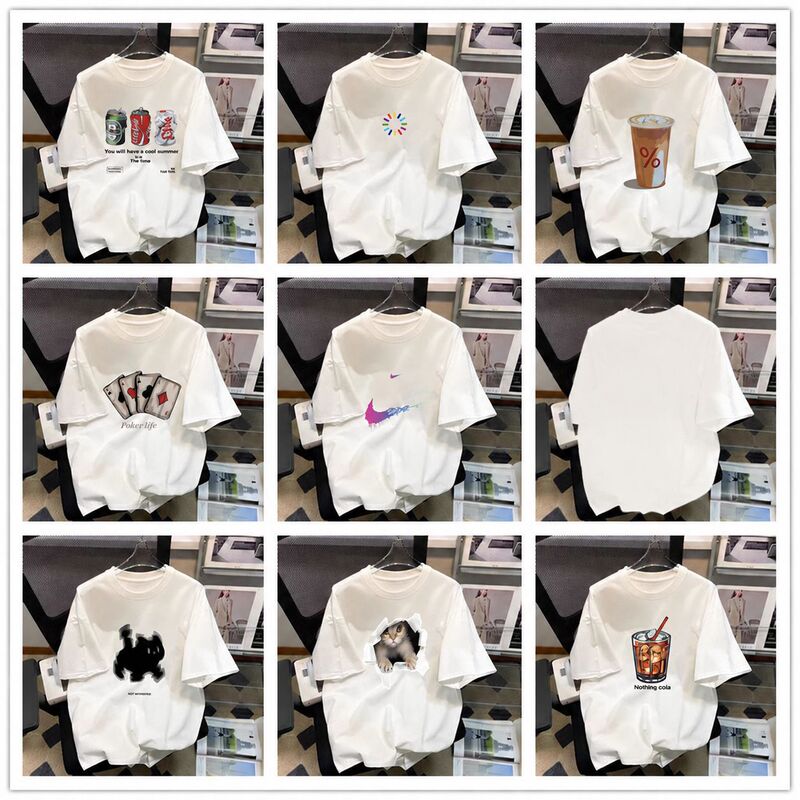 Trendy Brand Influencer Style Pure Cotton T-Shirt, New Summer Model for Men, Loose Fit, Large Size, Round Neck, Printed Sports Base Shirt t