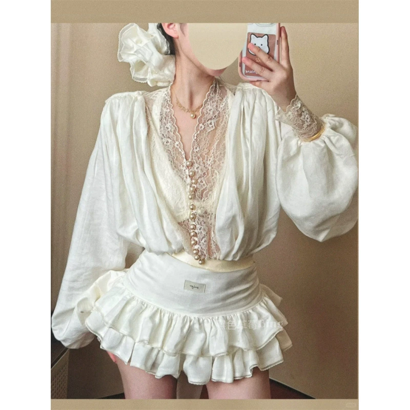 Кружевная весенняя рубашка, пояс, юбка, комплект, французский стиль, высокий пояс