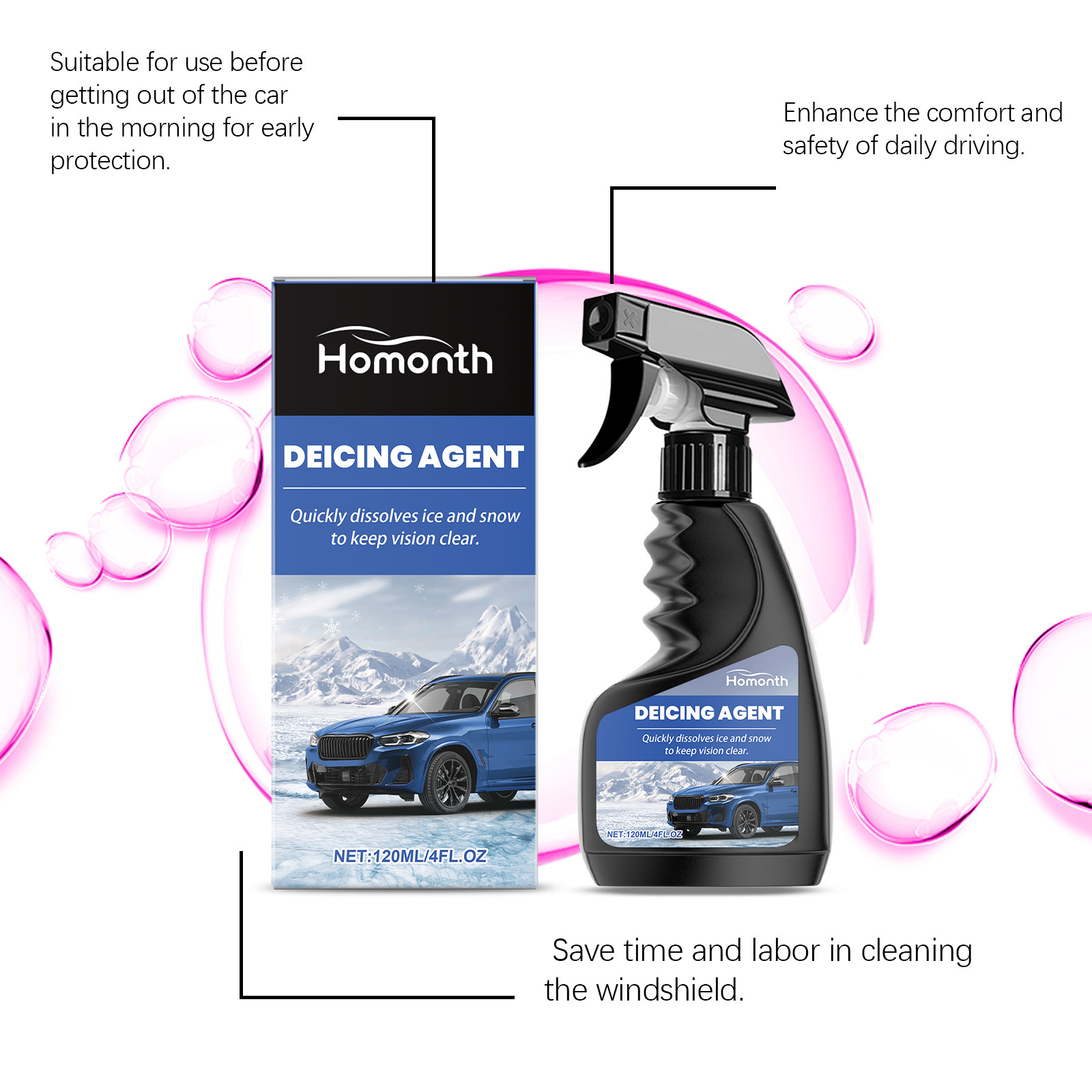 Homonth Windshield Defrosting Spray Car Window Glass Anti-Fog Clear Vision Dust Removal Anti-Freeze Agent